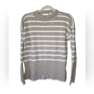 Cyrus Taupe and Cream Striped Knit Top Medium Ribbed Cuff, Hem, and Neckline